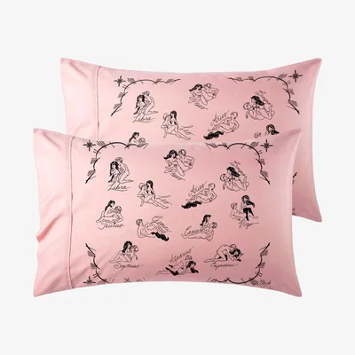 Wolf & Badger Organic Pink Cosmic Love Zodiac Astrology Bedding Pillow Cases - Set Us Queen Black Cake