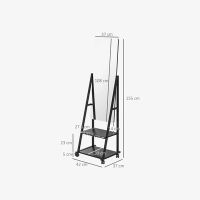 The Range Movable Full Length Mirror Adjustable Full Body Mirror with 2 Shelves - Black