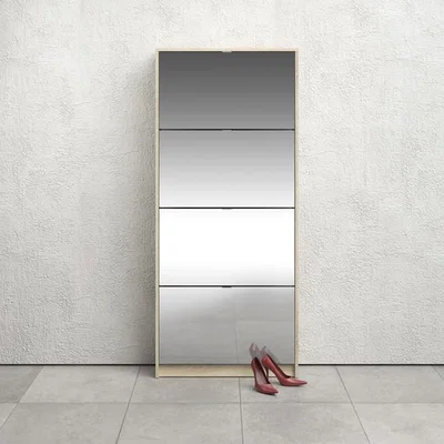 The Range Quendale Shoe Cabinet With Four Mirror Tilting Doors And Two Layers - Oak with White gloss