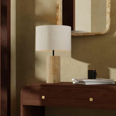 Cult Furniture Emberlyn Table Lamp, White Linen & Travertine
