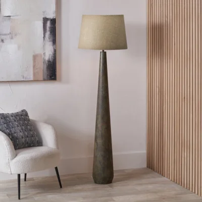 Dunelm Pacific Lifestyle Arbor Verdi Gris Metal Conical Floor Lamp with Milos Linen Tapered Lampshade