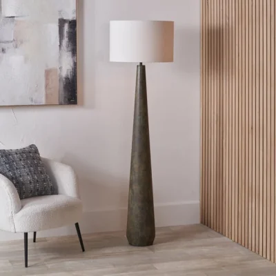 Dunelm Pacific Lifestyle Arbor Verdi Gris Metal Conical Floor Lamp with Lino Self Lined Linen Cylinder Lampshade