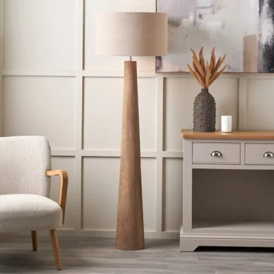 Dunelm Pacific Lifestyle Esha Conical Wood Floor Lamp with Edward Linen Cylinder Lampshade