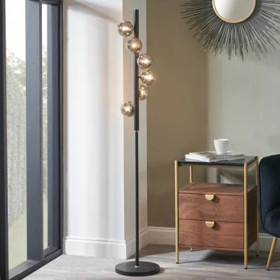 Dunelm Return - Blair Smoke Glass Ball and Black Metal Floor Lamp
