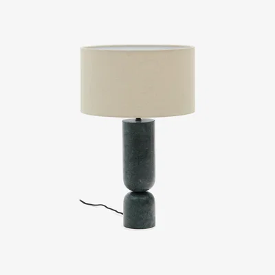 Kave Home Vex table lamp in green marble with a grey linen shade