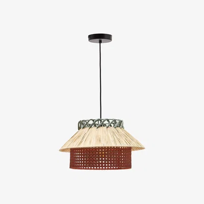 Kave Home Pulmi raffia ceiling lamp in natural, terracotta, and blue, Ø 40 cm