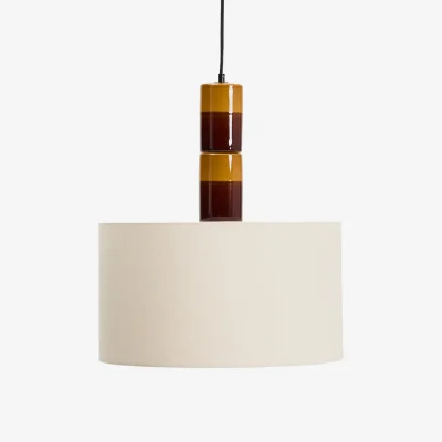 Kave Home Mavran ceiling lamp in brown and mustard ceramic with cotton lampshade