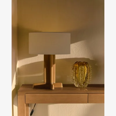 Kave Home Niani table lamp in rubber wood with natural finish and ivory-coloured cotton lamp shade Ø30cm with UK adaptor