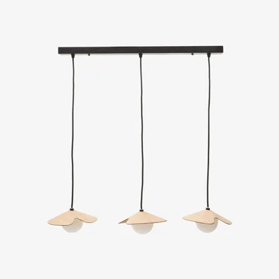 Kave Home Wilara oak veneer ceiling lamp with 3 white smoked glass balls