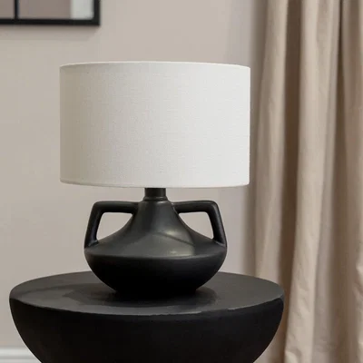 La Redoute Matte Black Ceramic Vase Table Lamp with Linen Drum Shade