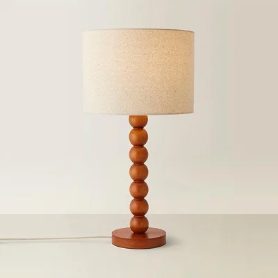 La Redoute Walnut Wood Bobbin Table Lamp with Linen Drum Shade