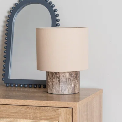 La Redoute Dark Marble Effect Table Lamp with Natural Linen Lamp Shade
