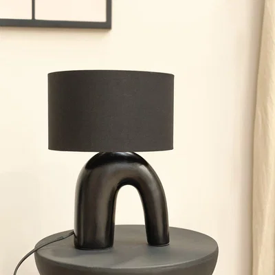 La Redoute Black Arch Abstract Ceramic Table Lamp with Fabric Drum Shade