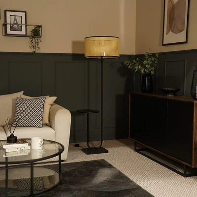 La Redoute Brushed Matt Black Metal Floor Lamp with Black Trim Cane Shade