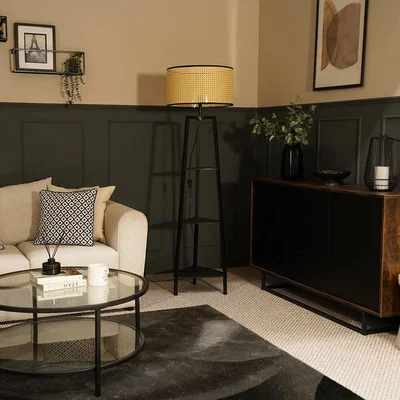 La Redoute Matt Black 3 Tier Shelf Floor Lamp with Black Trim Cane Shade