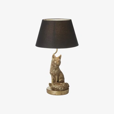 Perch and Parrow Fozzy the Fox Table Lamp in Vintage Gold with Black Fabric Shade