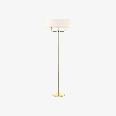 Perch and Parrow Nestor Two Light Floor Lamp in Brass with Vintage White Fabric Shade