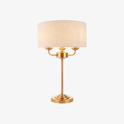 Perch and Parrow Manon 3-Light Table Lamp in Vintage Brass & Natural Linen