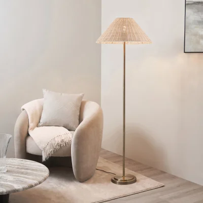 Pagazzi Arlo Antique Brass Floor Lamp with Natural Rattan Shade