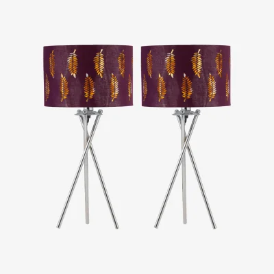 The Range Set Of 2 Chrome Tripod Table Lamps With Burgundy Fern Cut Out Shades - Chrome & Burgundy
