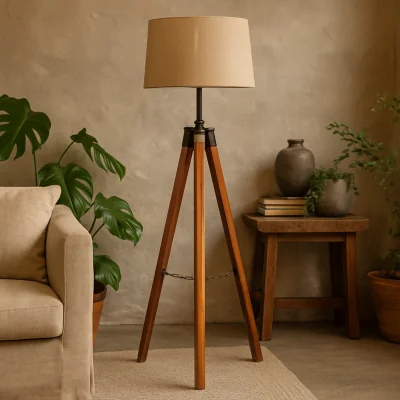The Range Phuket Teak Tripod Floor Lamp with Chrome Accents - Brown