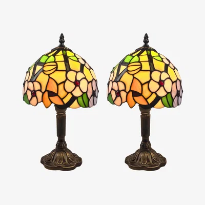 The Range Set Of 2 Stanley Table Lamp With Shades - Antique Brass And Tiffany Decorated Glass