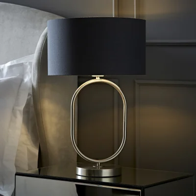 The Range Antonia Brushed Chrome Oval Table Lamp Metallic Drum Shade and LED Bulb - Charcoal