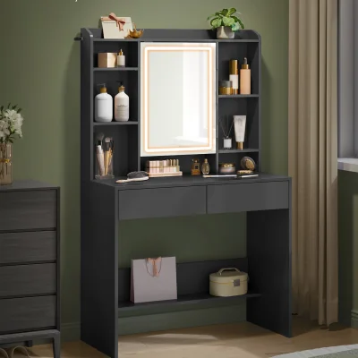 The Range Lighted Mirror Vanity Desk with Adjustable Shelves - black