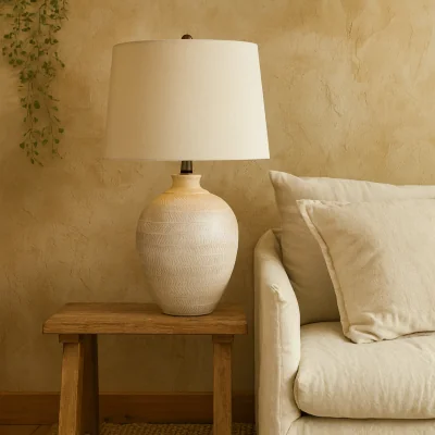 The Range Provence Chevron Ceramic Table Lamp with Linen Shade - White