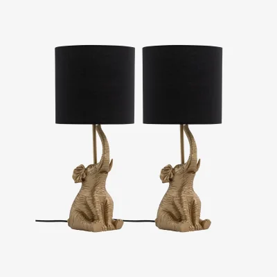 The Range Set Of 2 Elephant Table Lamp With Shades - Gold Resin And Black Cotton