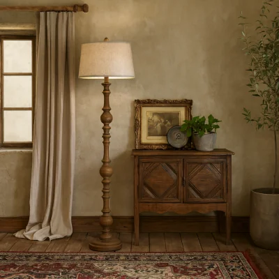 The Range Perouges Slim Wooden Pillar Floor Lamp with Edged Linen Shade - Brown