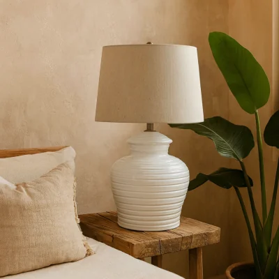 The Range Belcastel Swirl Ribbed Ceramic Lamp with Linen Shade - White