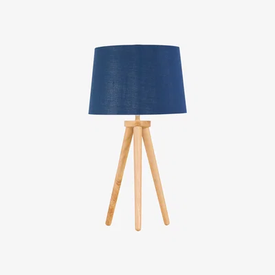 The Range Voyage Light Oak Table Lamp Bedside Light With Navy & Silver Shade - Light Wood & Blue
