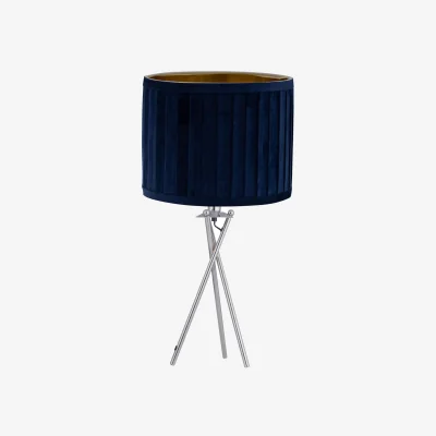 The Range Sundance - Chrome Tripod Table Lamp Navy Blue Pleated Velvet Shade - Chrome & Blue
