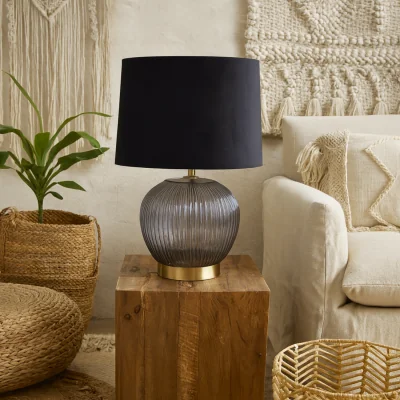 The Range Fernforge Ribbed Glass Table Lamp with Velvet Shade - Black