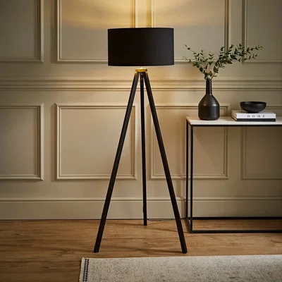 The Range Barbro Black Wood Tripod Floor Lamp with Black Gold Shade  - Black / Yes - Black and Gold