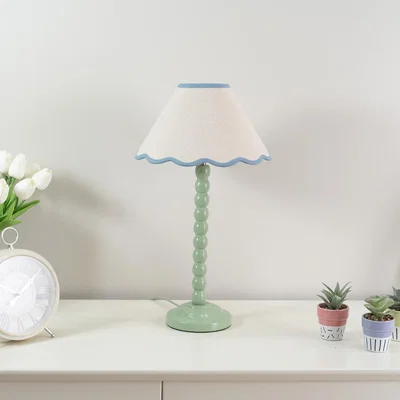The Range Bobbins Sage Green Table Lamp with Tapered Natural Linen Scallop Shade with Bulb - Blue
