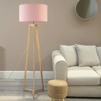 The Range Lottie Natural Wood Floor Lamp with Drum Shade - Pink