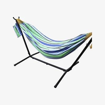 The Range Ross James Double Cotton Hammock with Heavy Duty Metal Stand  - Celeste and Yellow Stripe