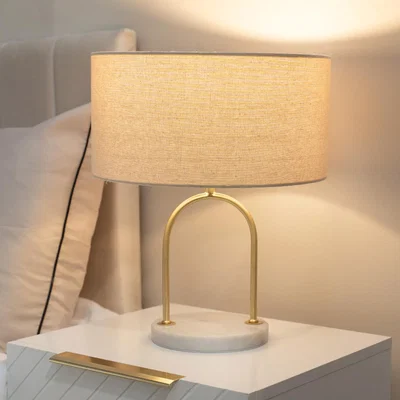 The Range Rachel Arch Marble Base Table Lamp with Linen Shade and LED Bulb - Brushed Gold