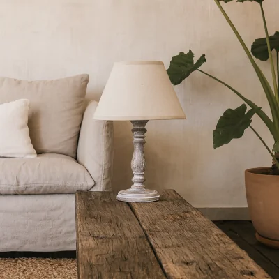 The Range Bastide Washed Turned Column Table Lamp with Linen Shade - White