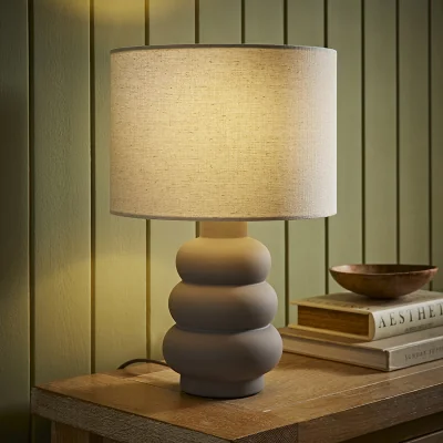 The Range Rochelle Bubble Stack Ceramic Table Lamp with Linen Drum Shade and LED Bulb - Grey