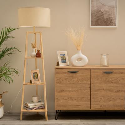 The Range Hiru Wooden 3 Tier Shelf Floor Lamp with Shade - Natural