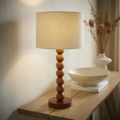 The Range Wyatt Walnut Bobble Wood Table Lamp with Tall Linen Shade and LED Bulb - Brown