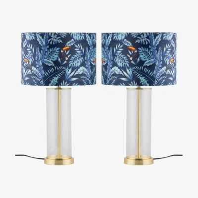 The Range Set Of 2 Aura Satin Brass Lamps With Toucan Velvet Shades - Satin Brass & Toucan