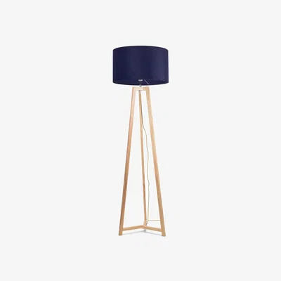 The Range Lottie Natural Wood Floor Lamp Velvet Shade and LED Bulb - Navy