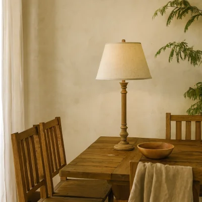 The Range Flavigny Turned Wooden Pillar Table Lamp with Linen Shade - Brown