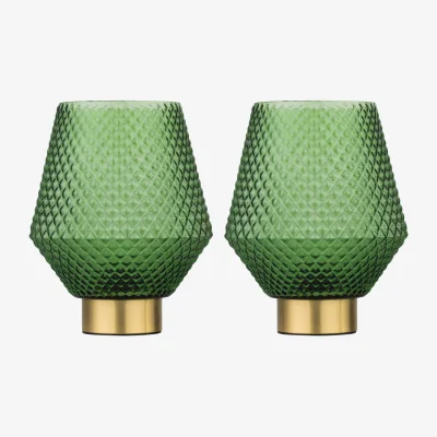 The Range Set Of 2 Porter Battery Operate Satin Brass Lamps Green Tex Glass - Brass & Green