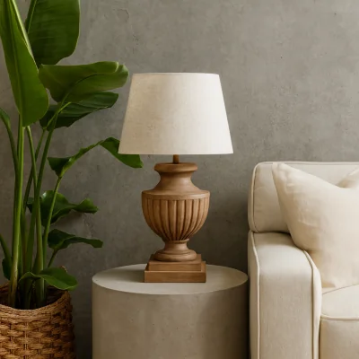 The Range Castelnau Flute Pedestal Table Lamp with Linen Shade - Brown