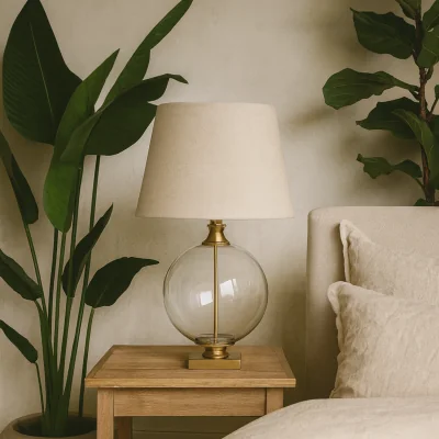 The Range Domme Glass Orb Table Lamp Linen Tapered Shade Brass Base - Brass